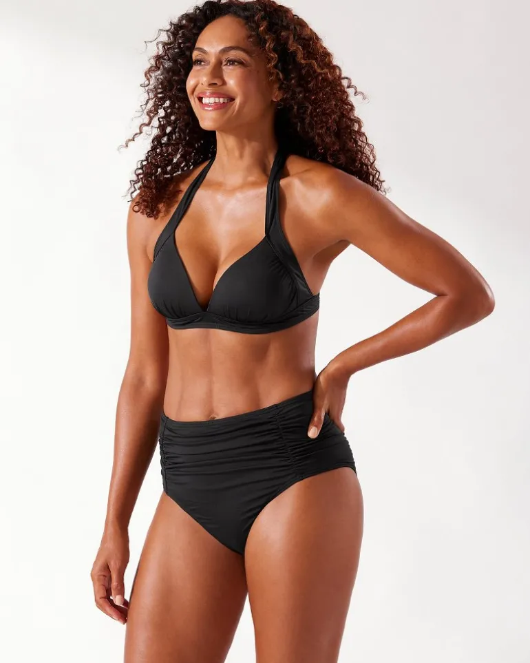 Pearl Shirred High-Waist Bikini Bottoms